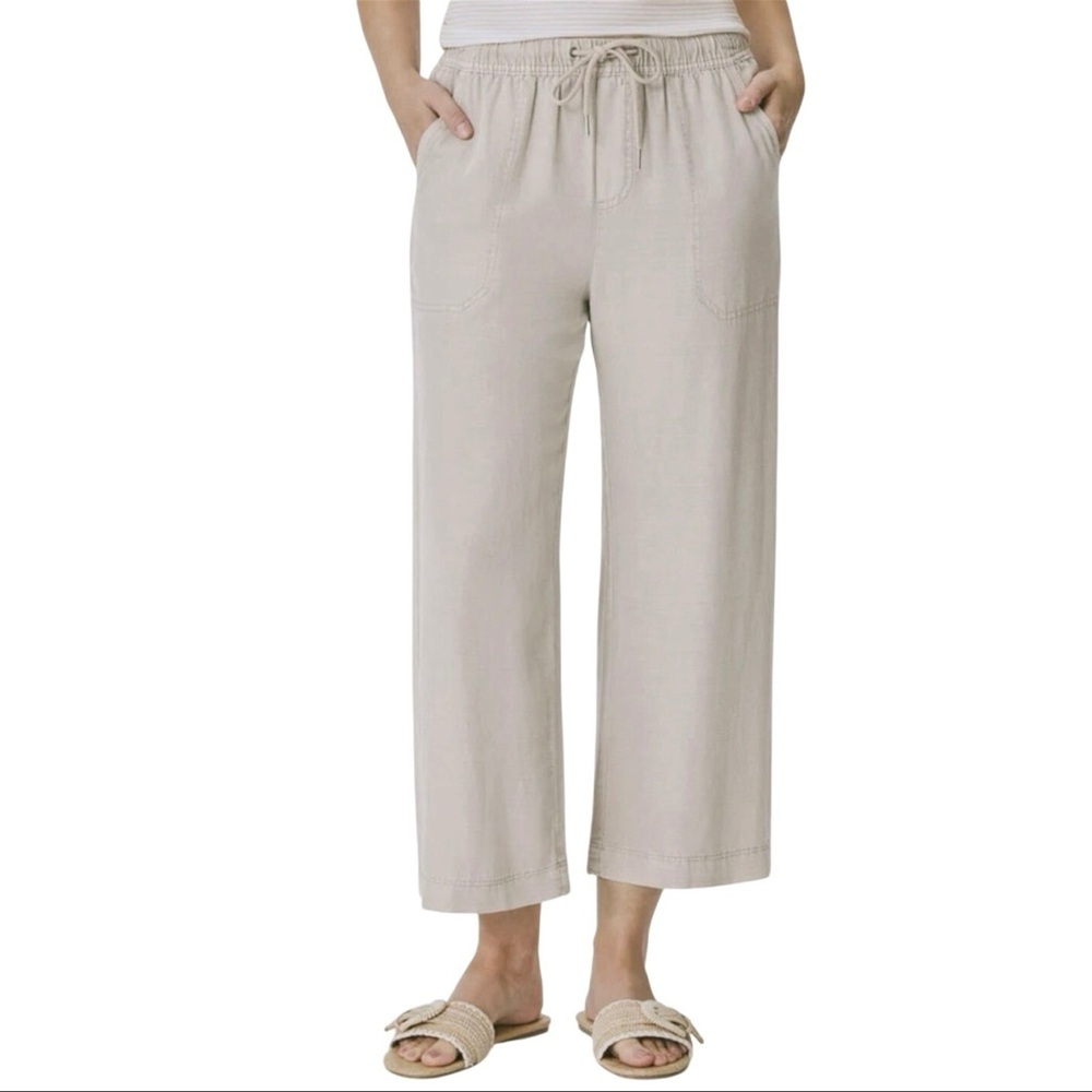 $158 SPLENDID Women’s Linen Blend Wide Leg Cropped Tan Pull On Pant size M - Picture 2 of 9